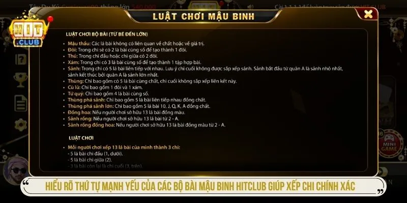 Hiểu rõ thứ tự mạnh yếu của các bộ bài mậu binh HITCLUB giúp xếp chi chính xác