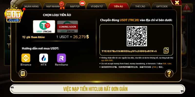 Việc nạp tiền HITCLUB rất đơn giản 
